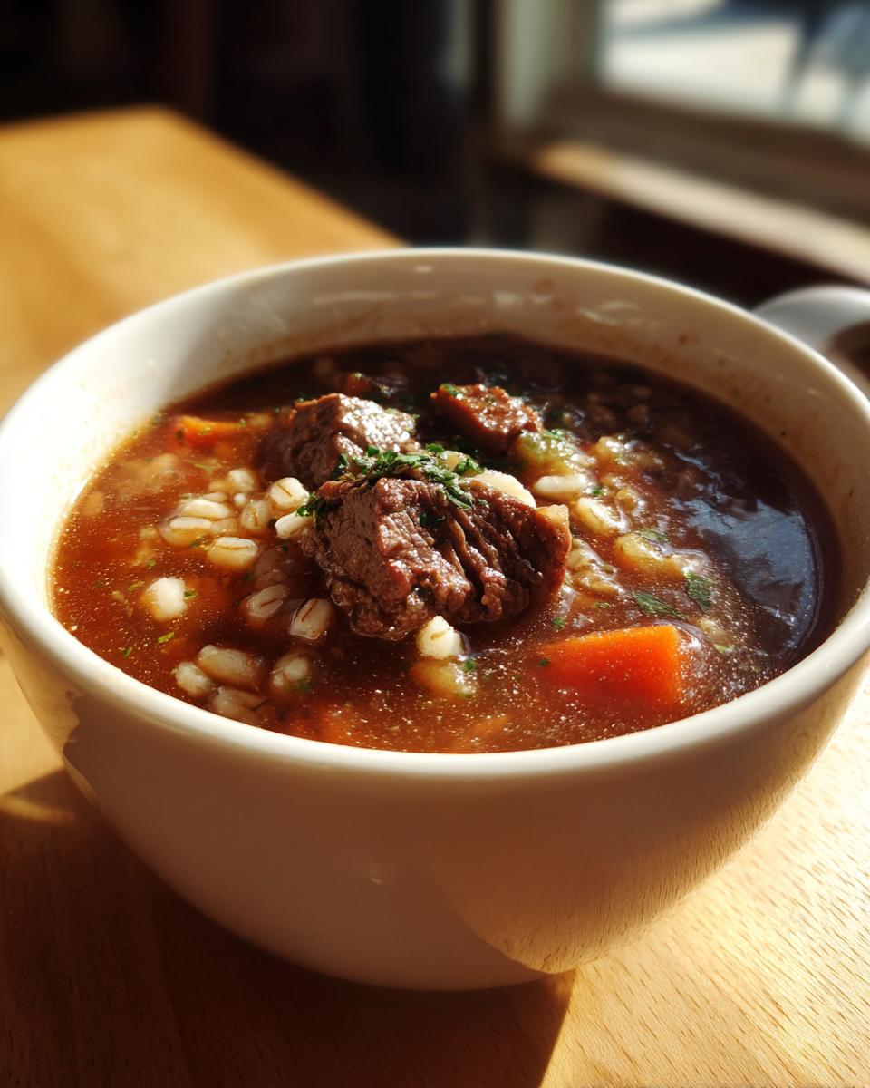 Close-up of a white bowl filled with rich beef barley soup, featuring tender beef chunks, plump barley grains, and carrots.