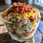 A close-up view of a layered 7 layer salad in a clear glass bowl, topped with bacon, cheese, and green onions.