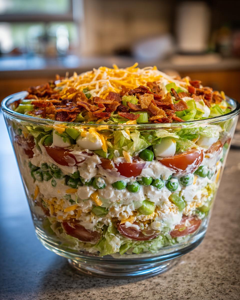A tall, clear glass bowl showcasing the distinct layers of the best 7 layer salad, topped with bacon and cheese.