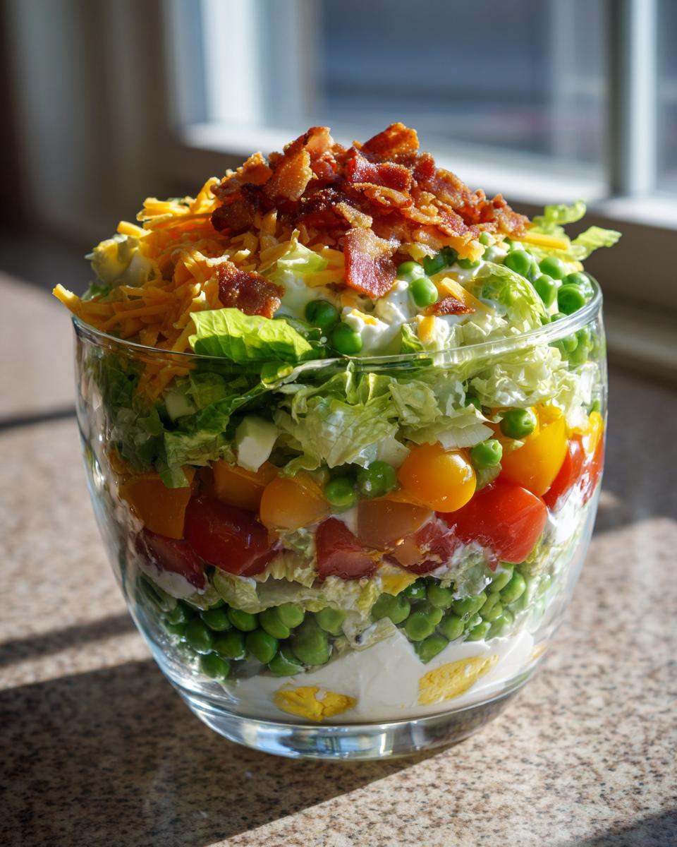 Visually stunning 7 layer salad served in a clear glass bowl, topped with bacon bits and cheese.