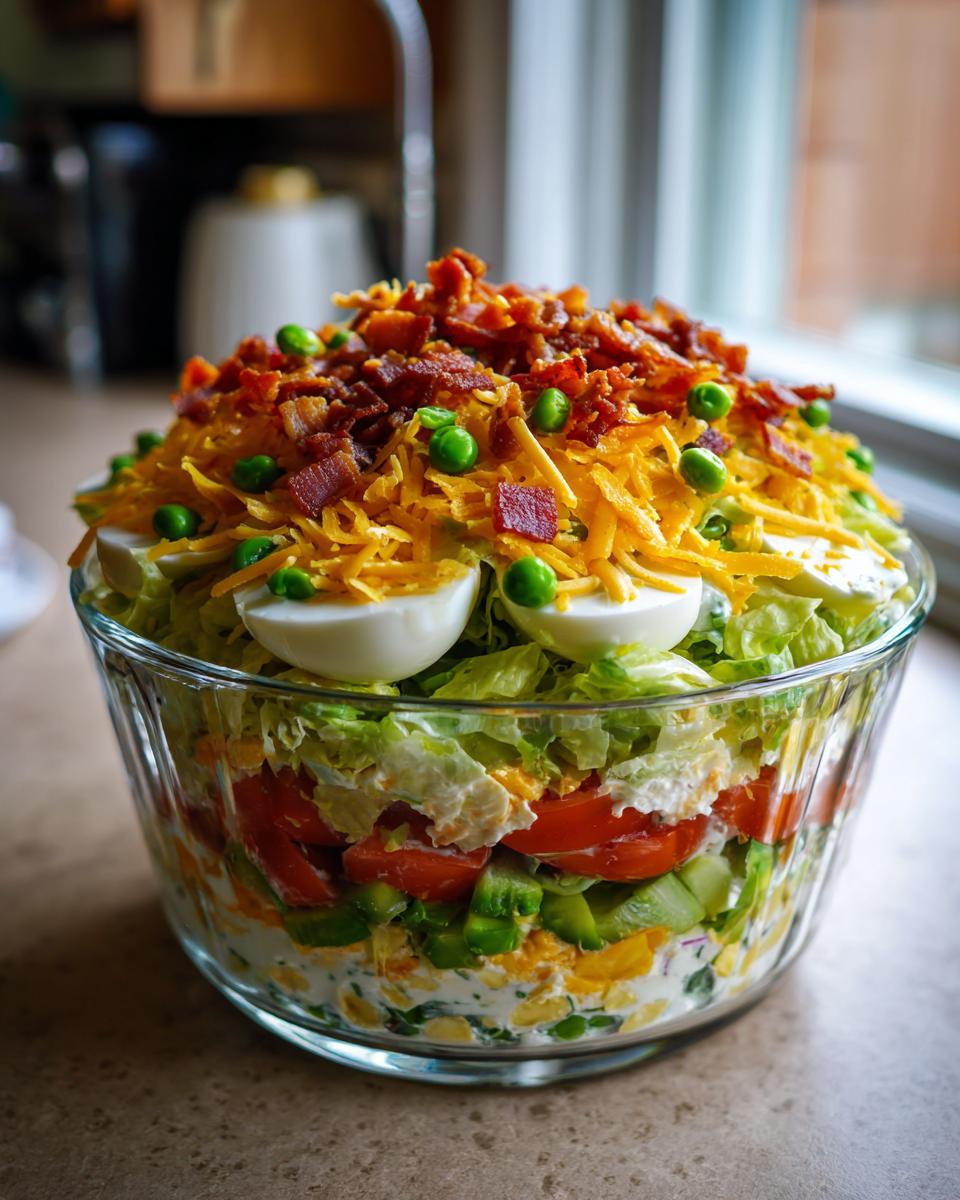 A tall, layered 7 layer salad displayed beautifully in a clear glass bowl, topped with bacon and eggs.