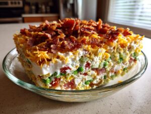 A thick, square slice of the best 7 layer salad showing distinct layers of peas, ham, dressing, cheese, and bacon.