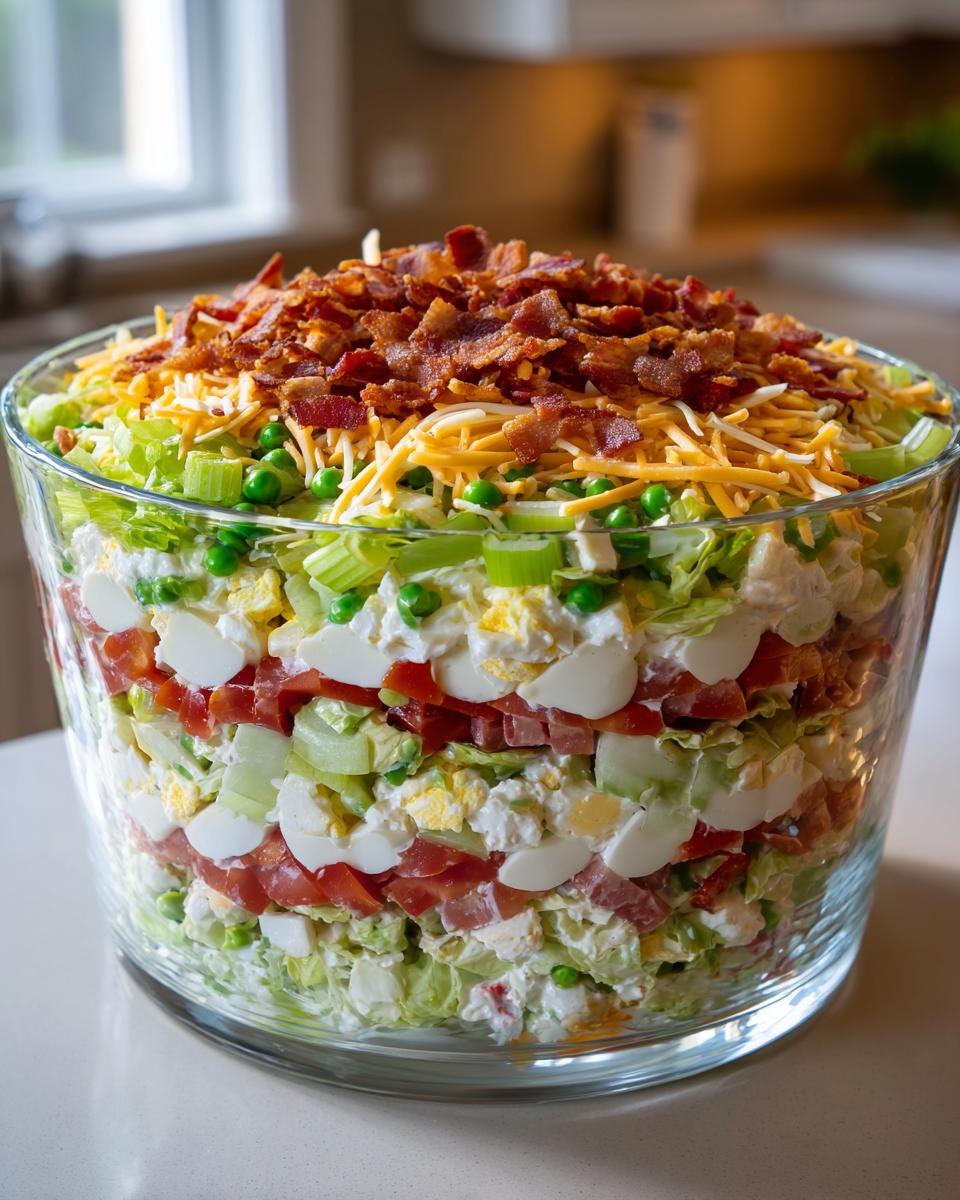 A tall, clear glass bowl showcasing the distinct layers of a classic 7 layer salad, topped with bacon.