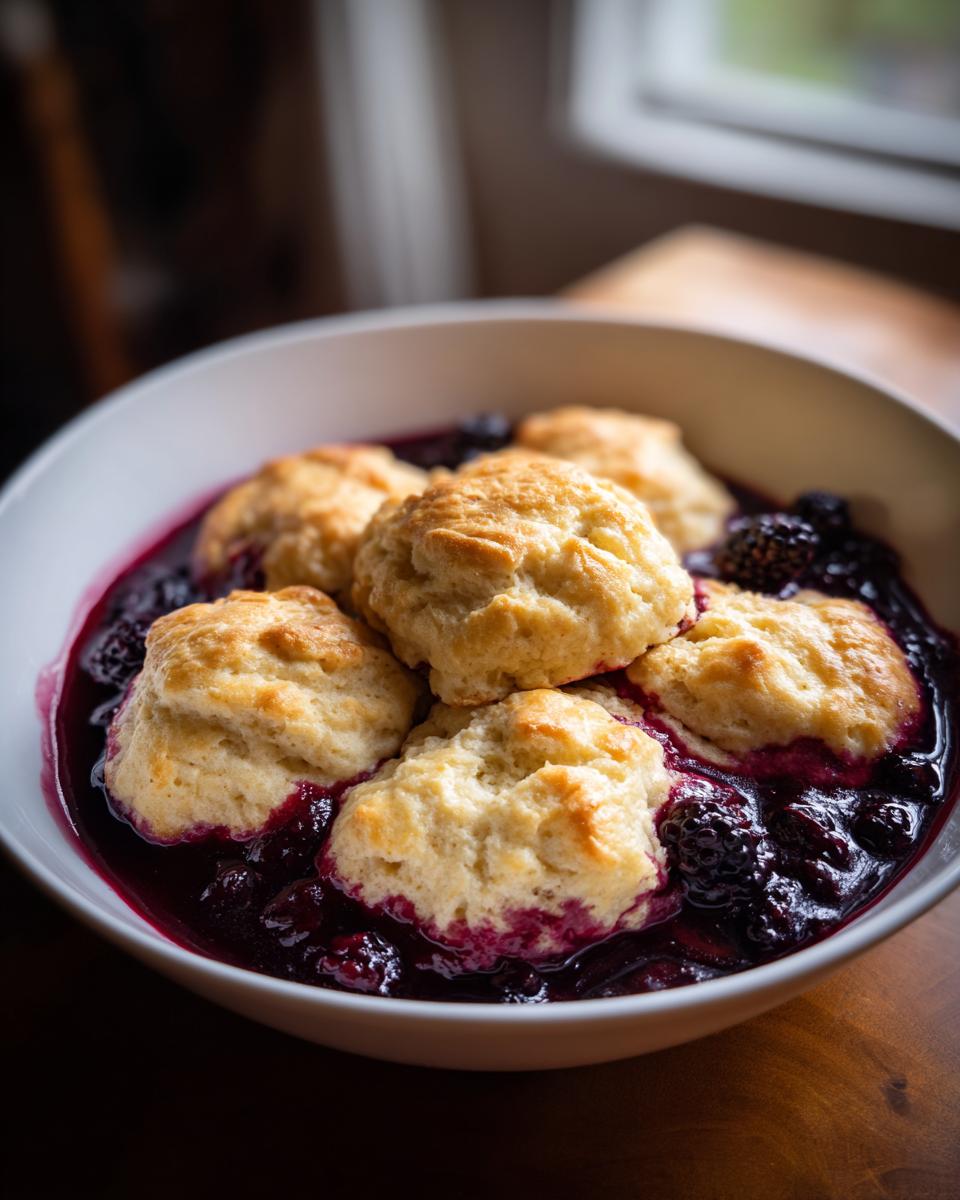 Close-up of warm Blackberry Dumplings topped with golden, fluffy biscuits served in a white bowl.