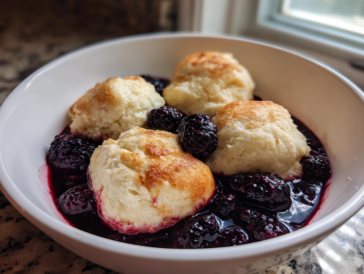 Four golden-topped Blackberry Dumplings nestled in a rich, dark blackberry sauce in a white bowl.