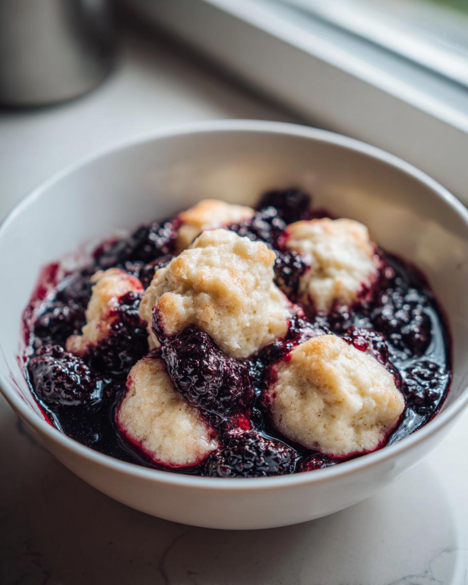 Close-up of warm Blackberry Dumplings served in a white bowl, featuring fluffy biscuits atop rich, dark blackberry sauce.