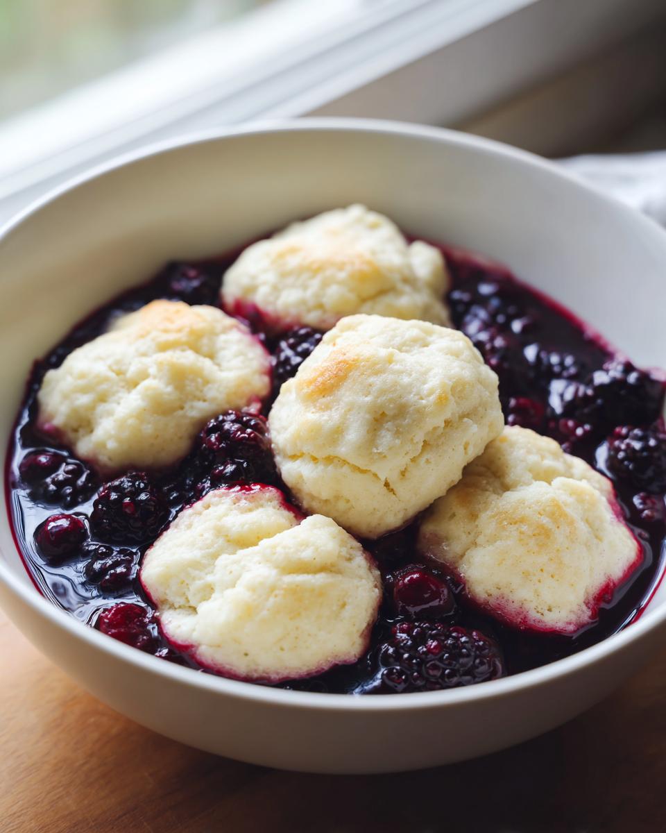 Close-up of warm Blackberry Dumplings served in a white bowl with rich, dark blackberry sauce.