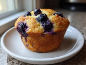 A single, golden-brown blueberry cottage cheese muffin topped with fresh blueberries sits on a small white plate.