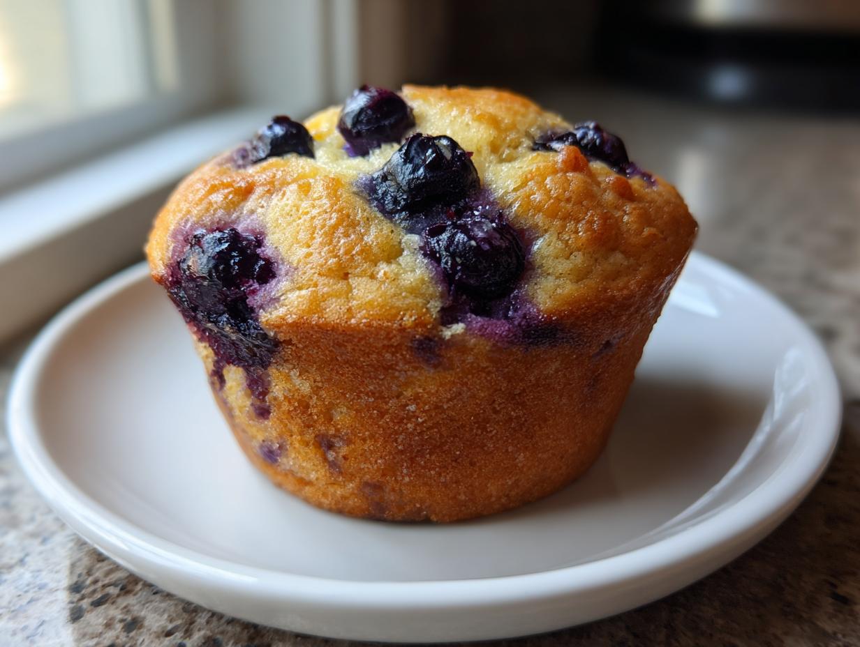 A single, golden-brown blueberry cottage cheese muffin topped with fresh blueberries sits on a small white plate.