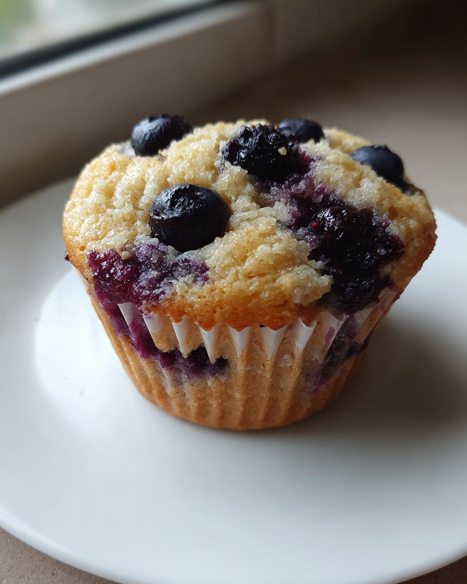 A single, freshly baked blueberry cottage cheese muffin with a crumbly top, sitting on a white plate.