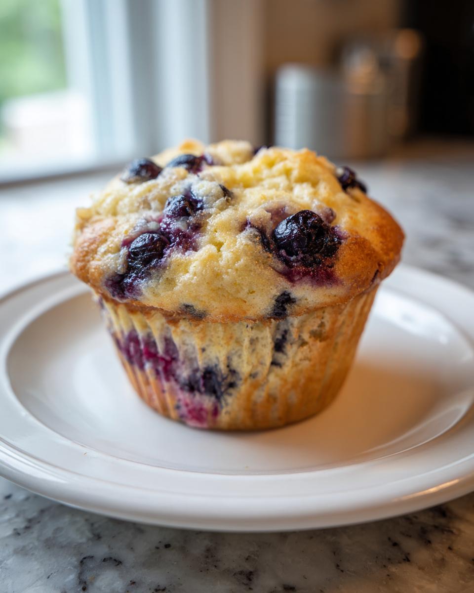 A single, golden-brown blueberry cottage cheese muffin sitting on a white plate.