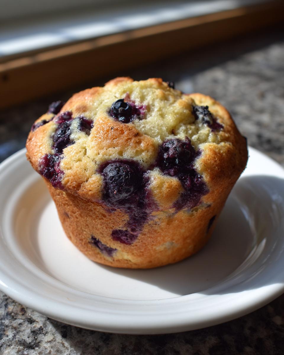 A single, golden-brown blueberry cottage cheese muffin sits on a white plate, highlighted by sunlight.