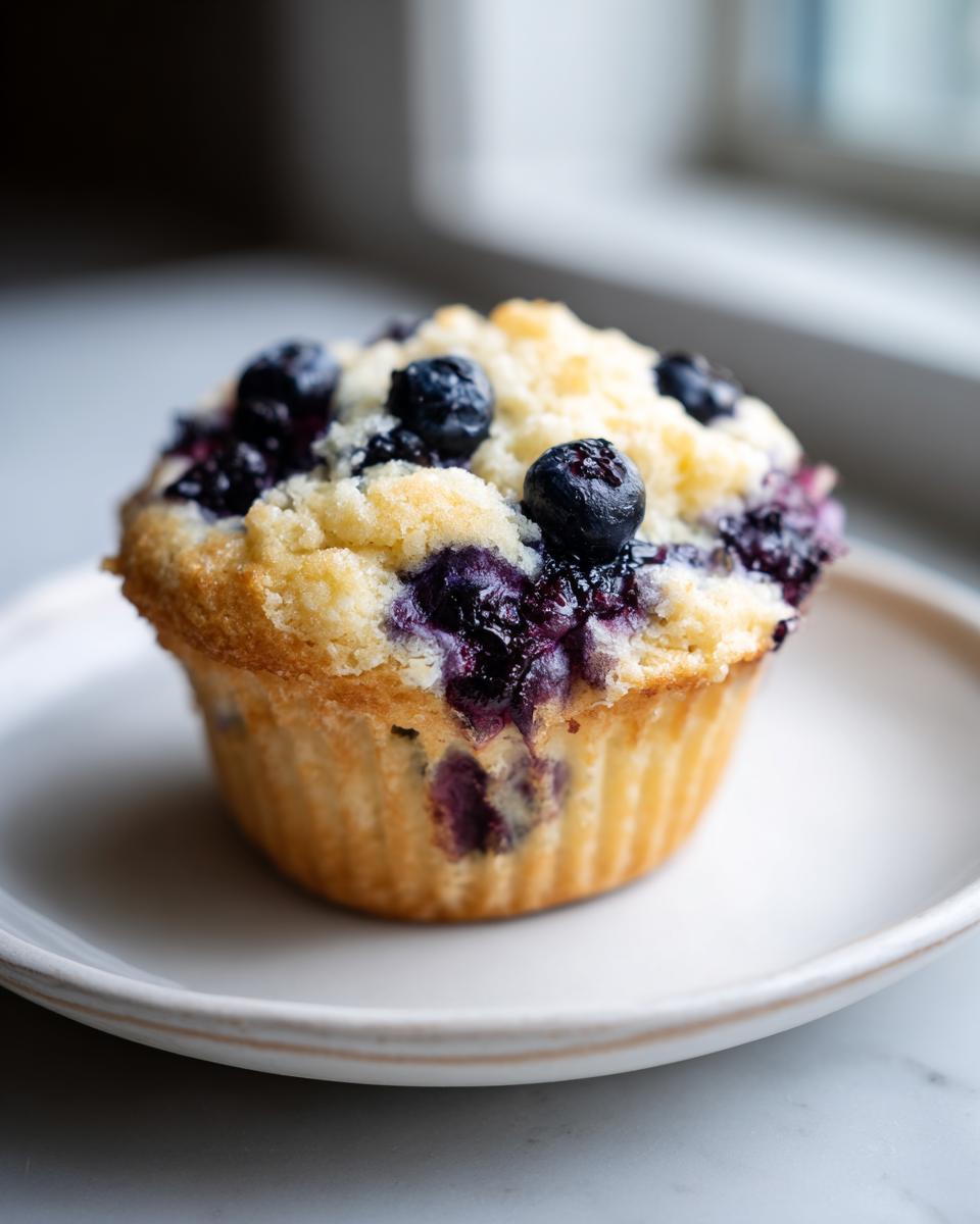 A single, golden-brown blueberry cottage cheese muffin topped with fresh blueberries and a crumbly streusel, sitting on a white plate.