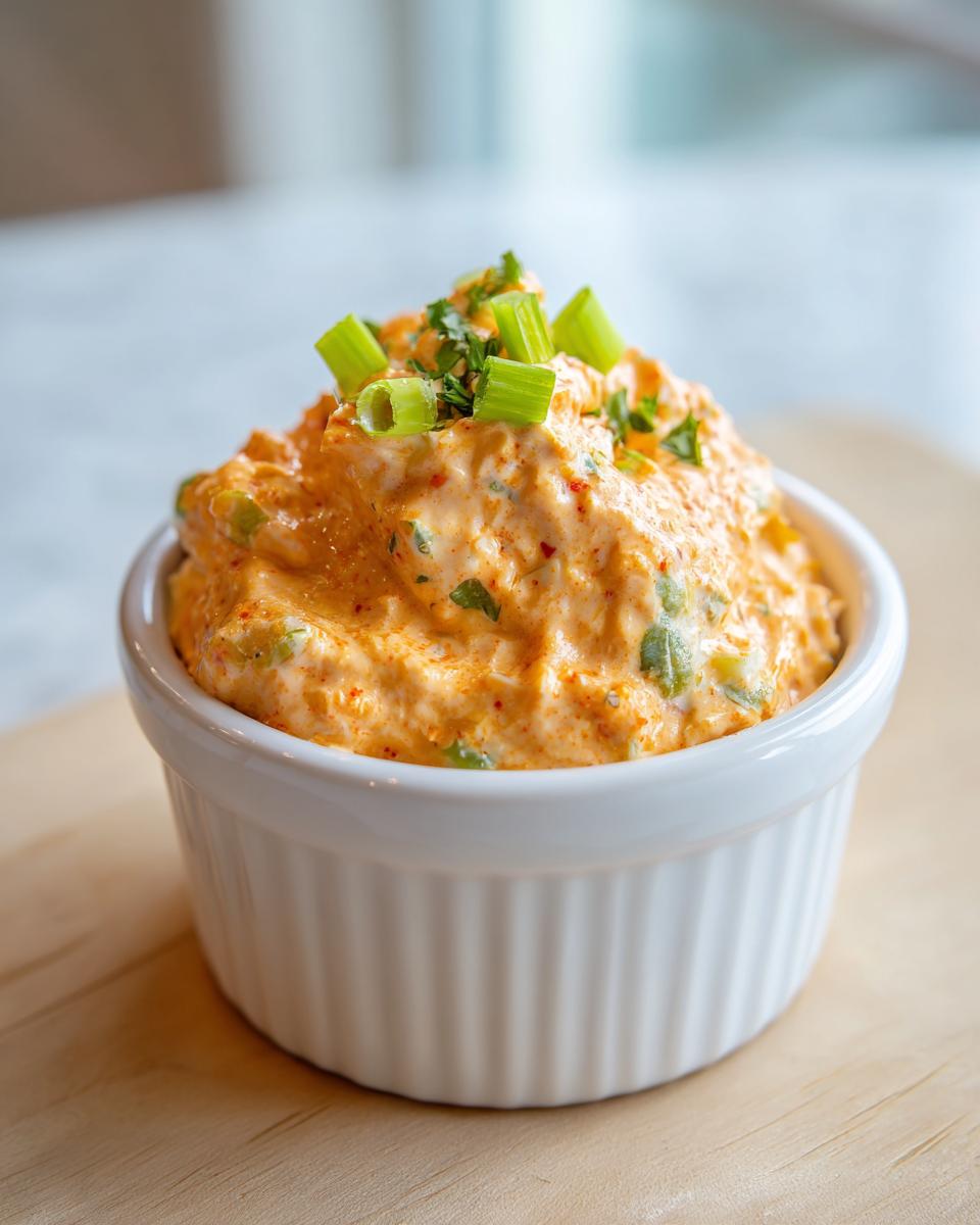 A close-up of a small white ramekin filled with thick, orange-hued remoulade sauce, garnished with chopped green onions.