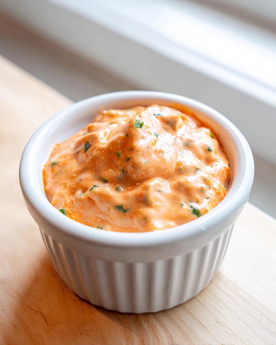A close-up shot of thick, orange-hued remoulade sauce speckled with green herbs, served in a small white ramekin.