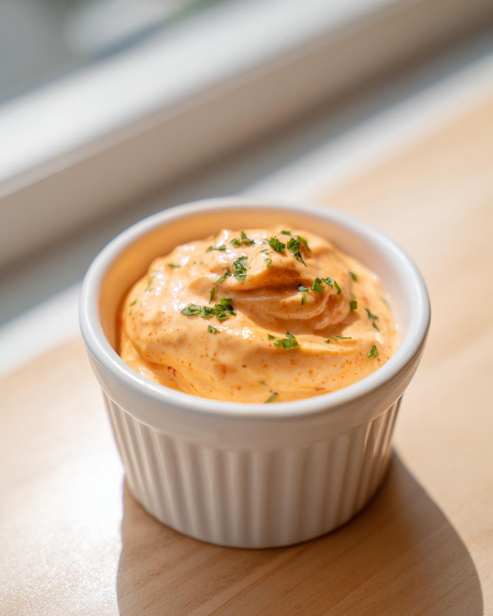 A small white ramekin filled with vibrant orange remoulade sauce, garnished with chopped green herbs.