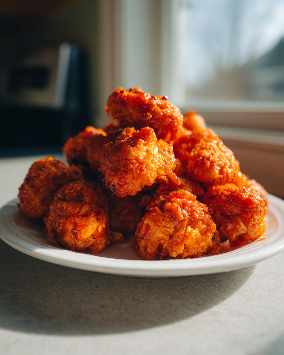 A mound of bright orange, saucy buffalo cauliflower bites piled high on a white plate, backlit by natural light.