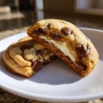 A close-up of a chocolate chip cheesecake cookie cut in half, showing the creamy cheesecake filling inside.