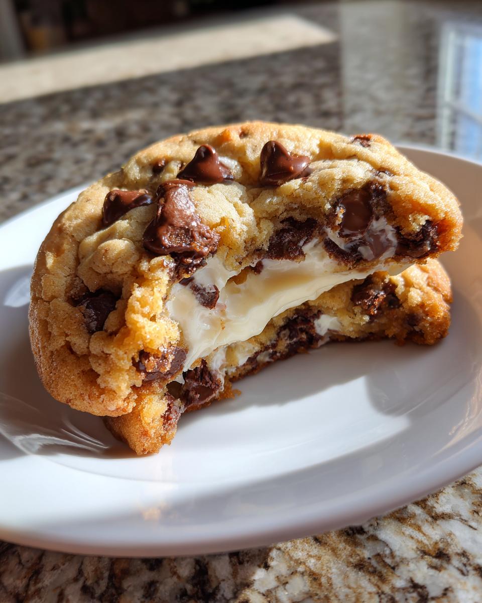 Close-up of a chocolate chip cheesecake cookie split open, revealing a creamy white cheesecake filling.