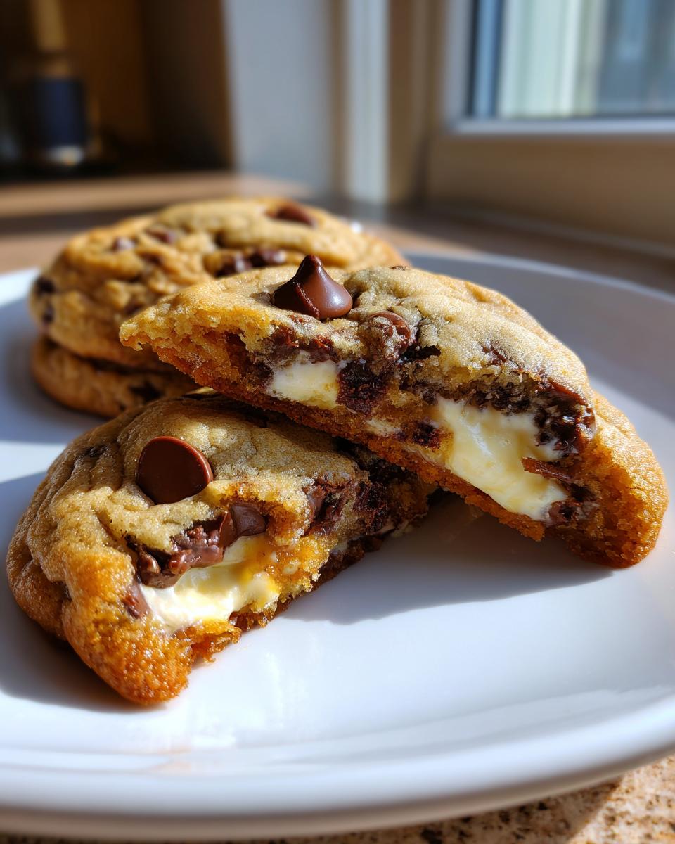 One of the chocolate chip cheesecake cookies is broken in half, revealing a creamy, white cheesecake filling inside the rich cookie.