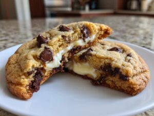 A chocolate chip cheesecake cookie cut in half, revealing a gooey, creamy cheesecake center.