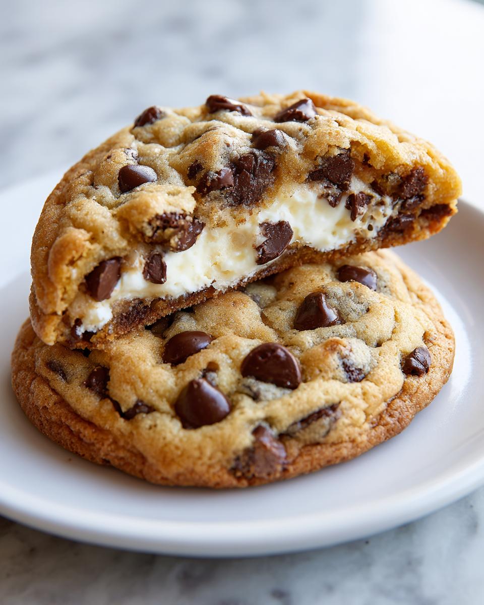 A chocolate chip cheesecake cookie cut in half, showing the creamy white cheesecake filling inside.