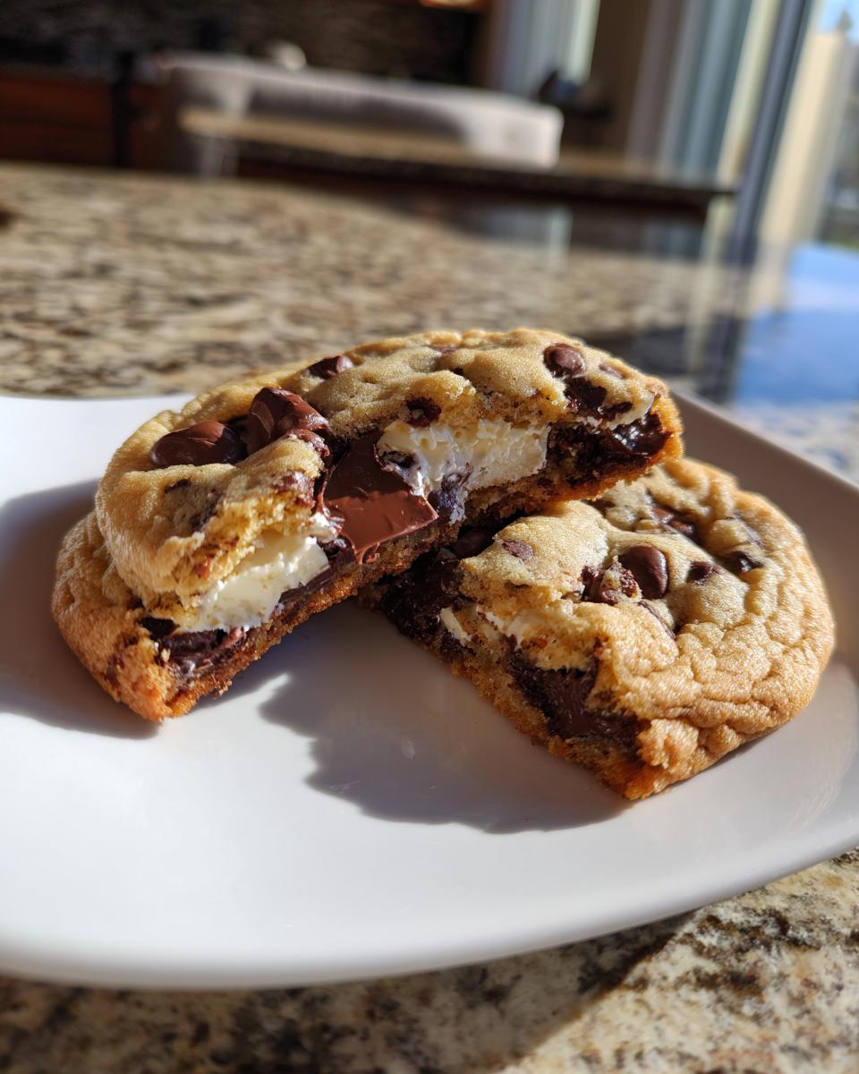 A close-up of chocolate chip cheesecake cookies cut in half, showing gooey melted chocolate and creamy filling.