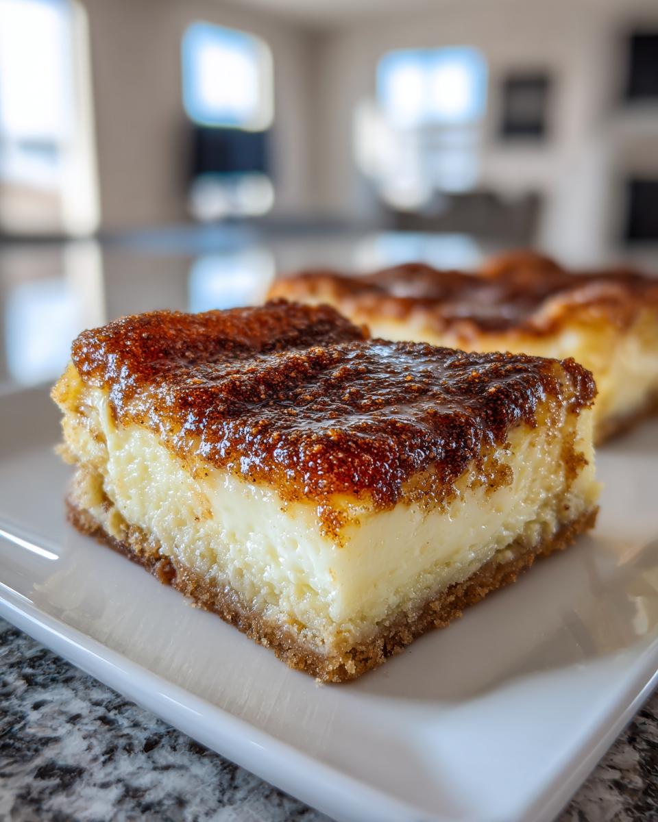 A single serving of creamy churro cheesecake bars with a thick, caramelized cinnamon-sugar topping on a white plate.