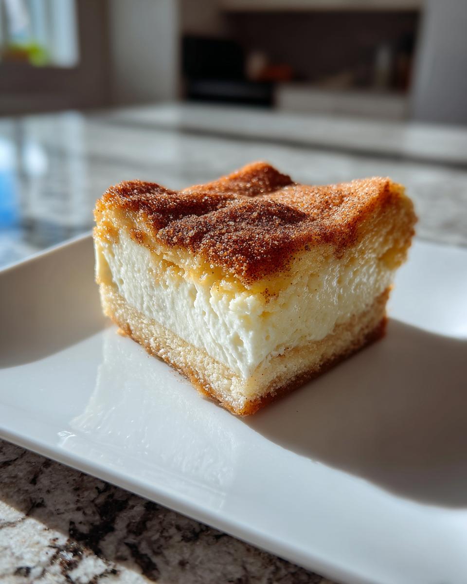 A single square of rich churro cheesecake bars with a thick cream cheese layer and cinnamon sugar topping.
