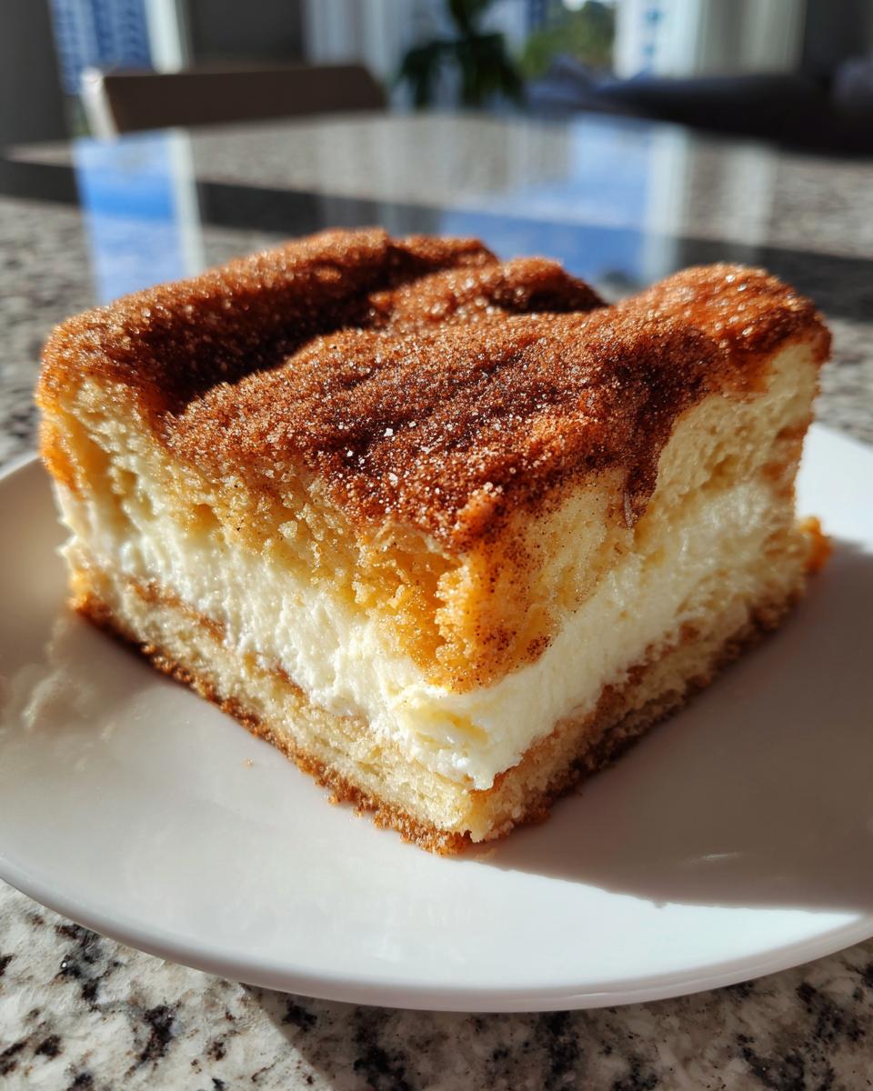 A single square of churro cheesecake bars featuring a thick cream cheese layer topped with cinnamon sugar.