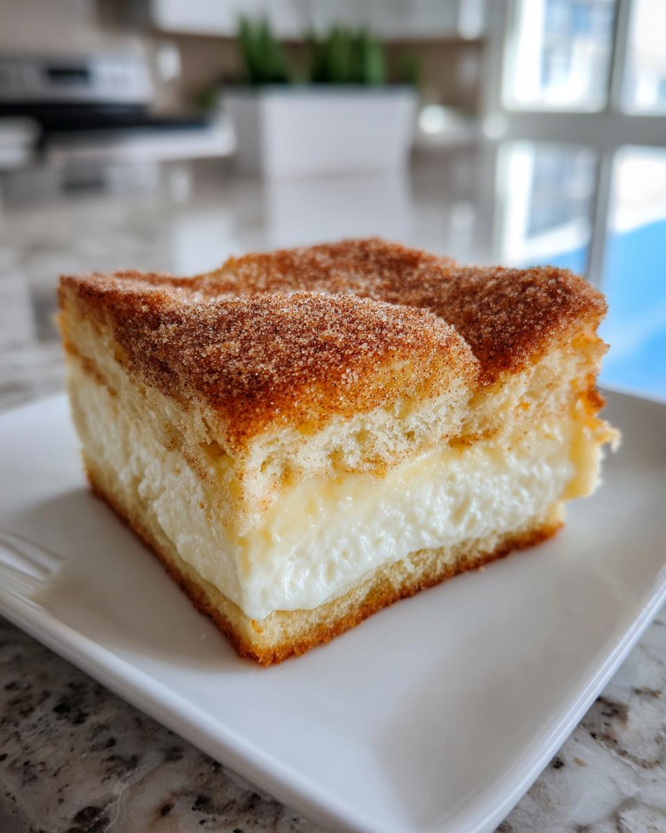 A thick square slice of churro cheesecake bars featuring a creamy white filling between two cake layers topped with cinnamon sugar.