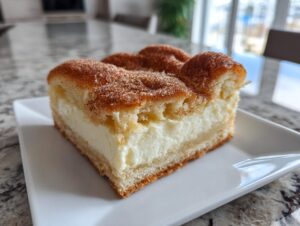 A close-up of a thick slice of churro cheesecake bars showing a creamy white filling and a cinnamon-sugar topping.