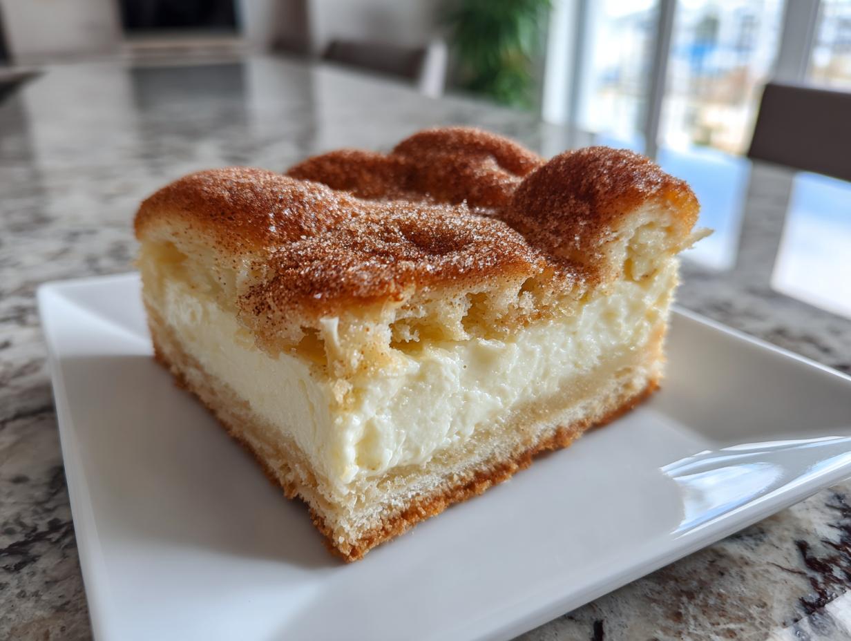 A close-up of a thick slice of churro cheesecake bars showing a creamy white filling and a cinnamon-sugar topping.