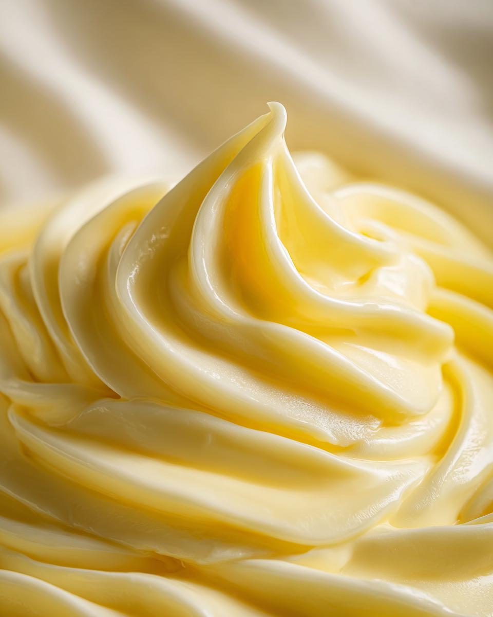Macro shot showing the rich, creamy texture and bright yellow swirl of freshly made hollandaise sauce.