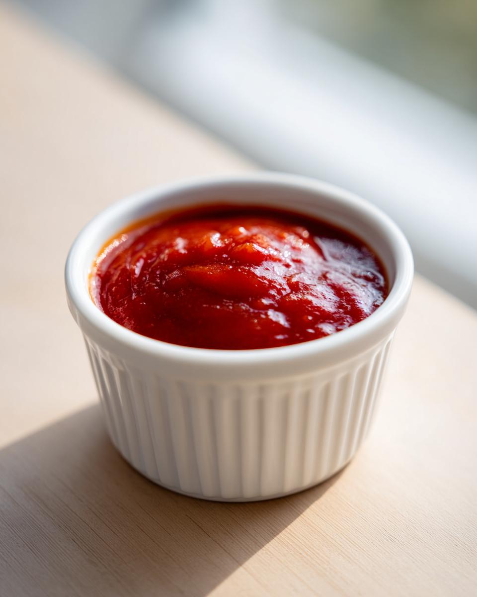 Close-up of vibrant red homemade cocktail sauce recipe served in a small, white, fluted ramekin.