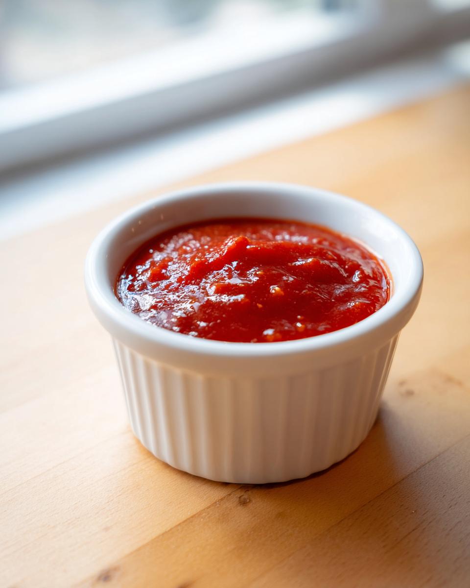 A small white ramekin filled with bright red, chunky cocktail sauce recipe, sitting on a light wooden surface.