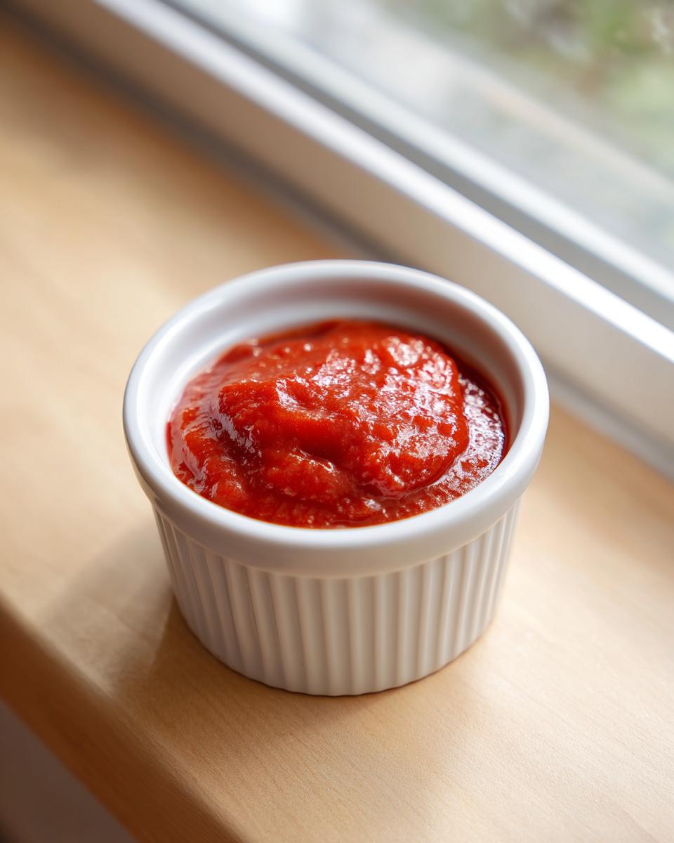 A small white ramekin filled with vibrant red homemade cocktail sauce recipe, sitting on a light wooden surface near a window.