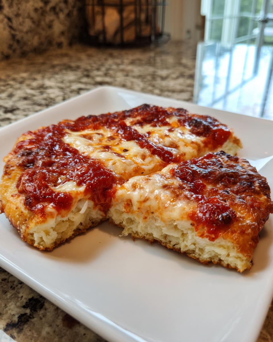 Close-up of a thick, fluffy slice of pizza made with a cottage cheese pizza crust, topped with sauce and melted cheese.