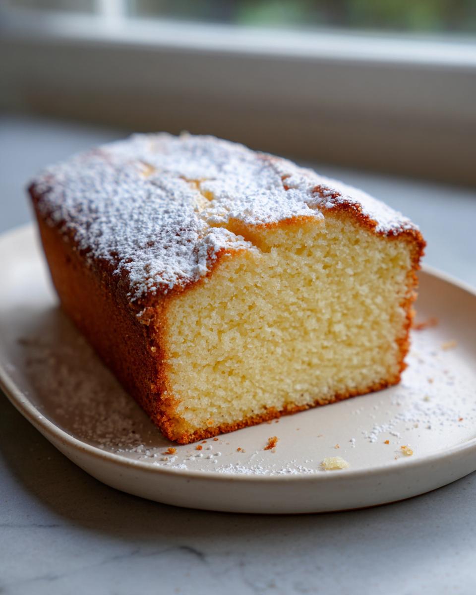 A moist slice of cream cheese pound cake dusted with powdered sugar, sitting on a light plate.