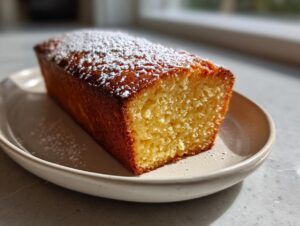 A golden brown slice of moist cream cheese pound cake dusted with powdered sugar, resting on a small plate.
