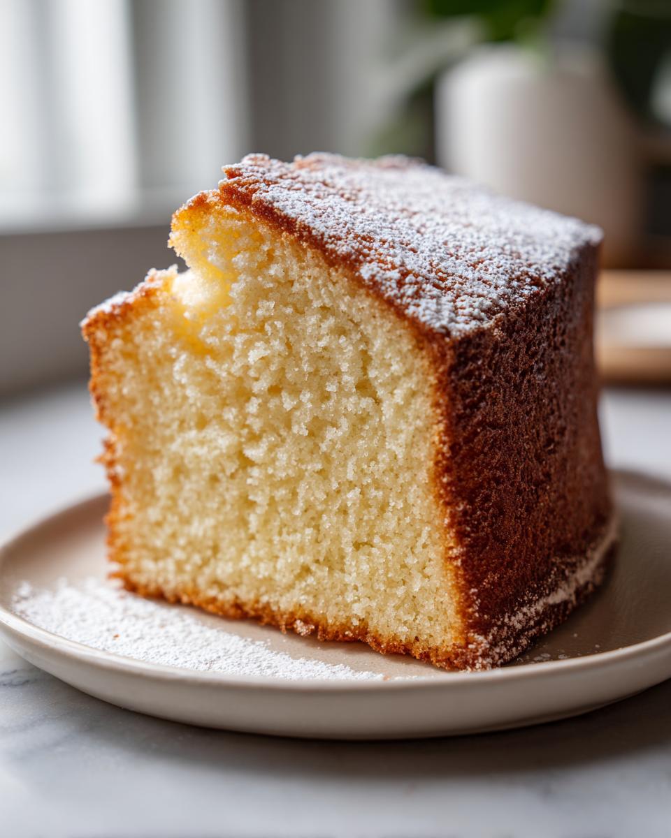 A close-up of one perfect slice of moist cream cheese pound cake dusted with powdered sugar on a small plate.