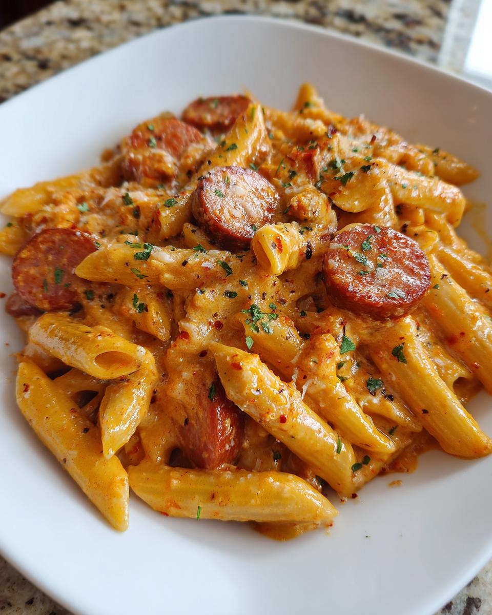 Close-up of creamy Cajun sausage pasta with penne, sliced sausage, and parsley garnish.