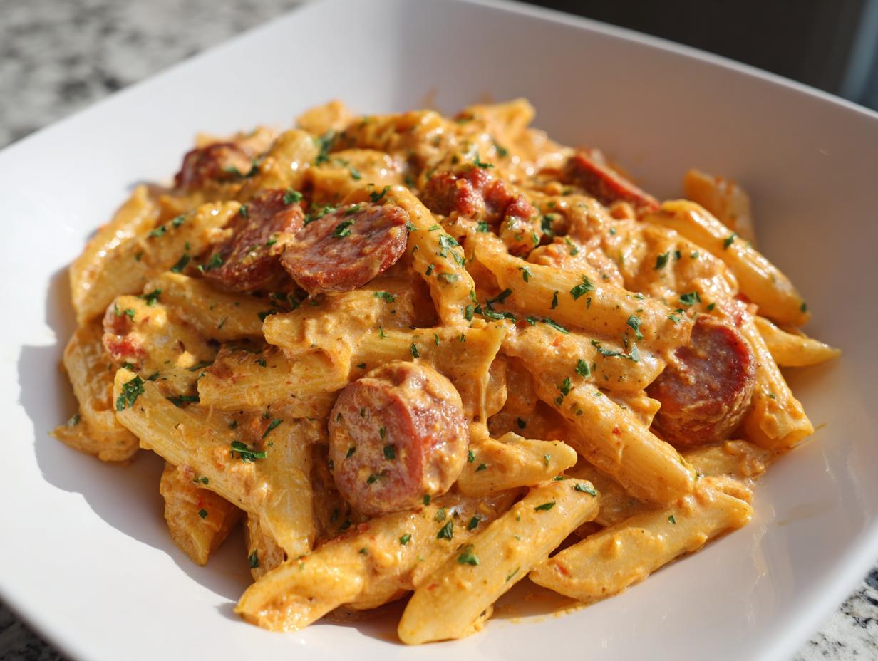 Close-up of creamy Cajun sausage pasta with penne, rich orange sauce, and sliced sausage, garnished with parsley.