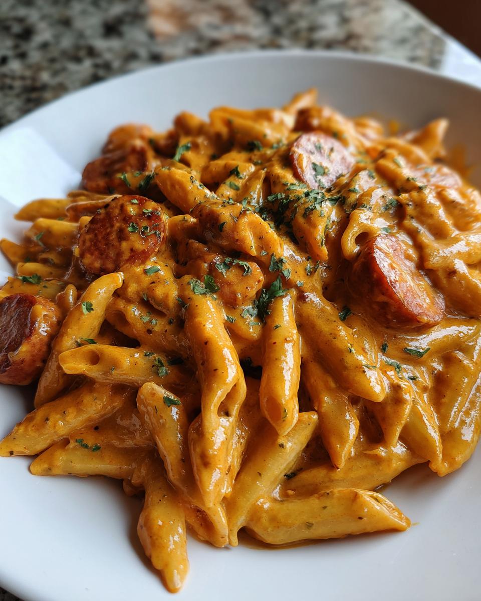 Close-up of creamy Cajun sausage pasta featuring penne noodles coated in an orange sauce and topped with sliced sausage.