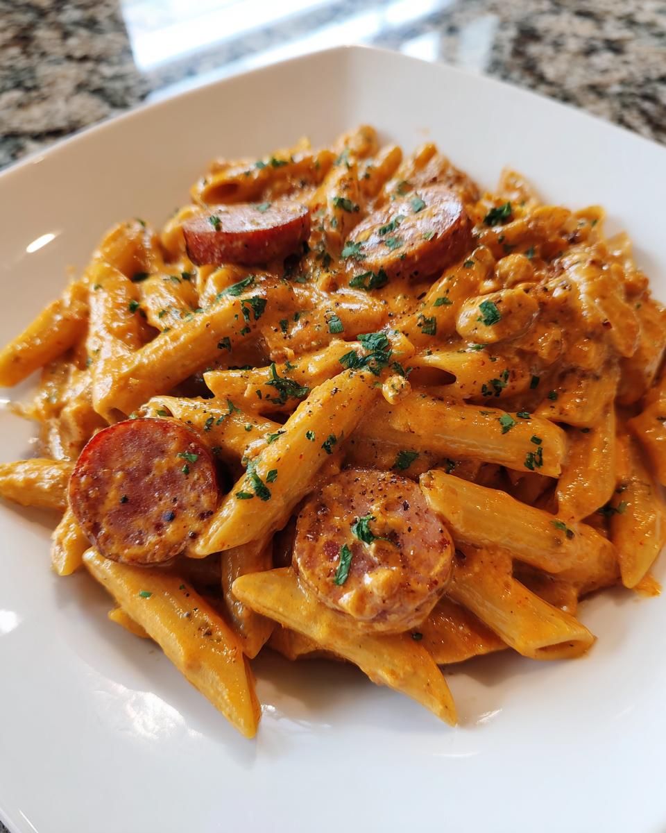 A close-up of creamy Cajun sausage pasta featuring penne noodles coated in a rich orange sauce and topped with sliced sausage.