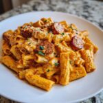 A close-up of creamy Cajun sausage pasta featuring rigatoni coated in an orange sauce with sliced sausage.