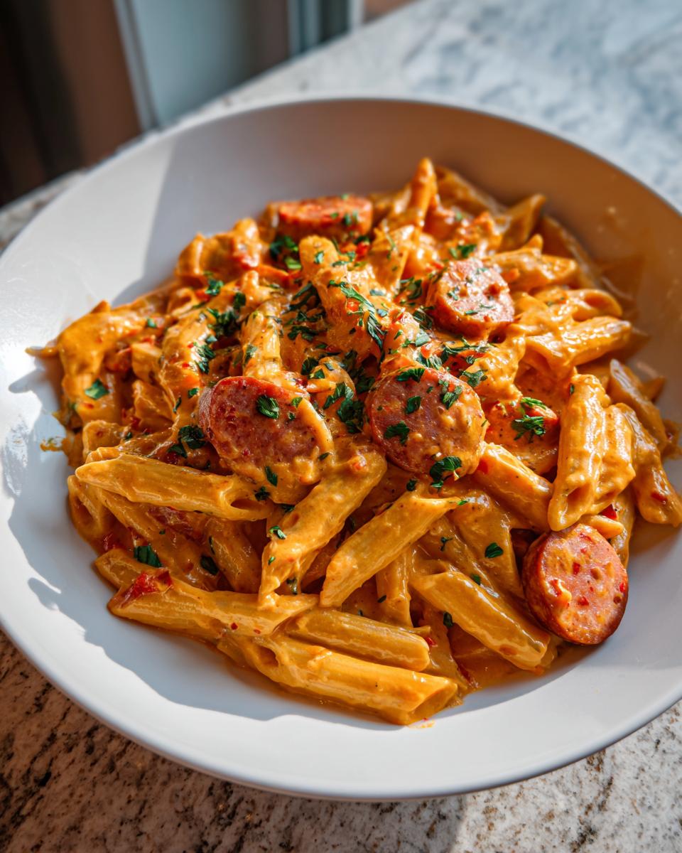 A close-up of creamy Cajun sausage pasta featuring penne coated in an orange sauce with sliced sausage and parsley garnish.