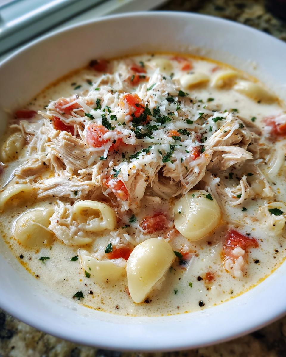 Close-up of a creamy bowl of chicken parmesan soup, topped with shredded chicken, diced tomatoes, and grated cheese.