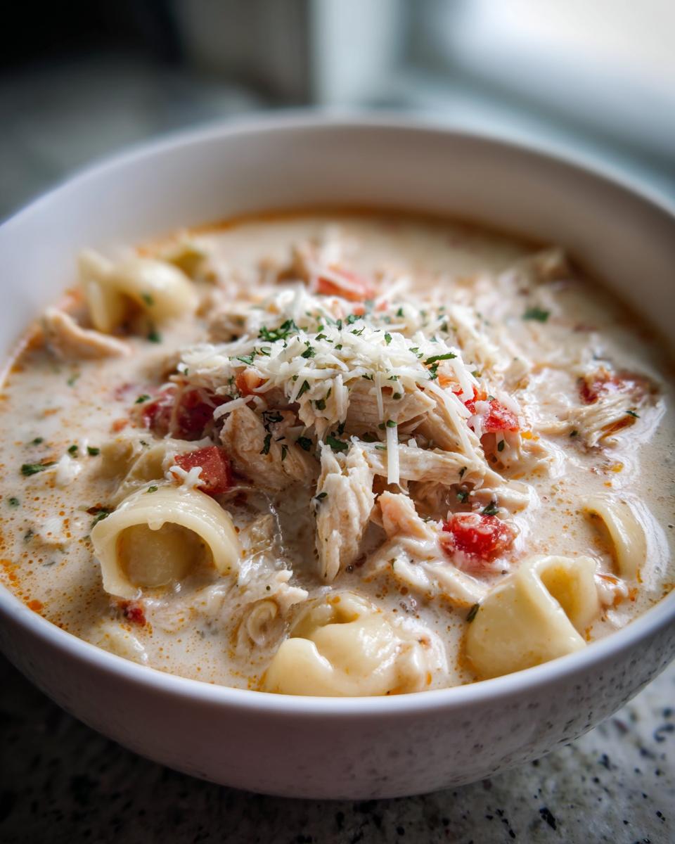 Close-up of a creamy chicken parmesan soup in a white bowl, topped with shredded chicken, tomatoes, and grated Parmesan cheese.