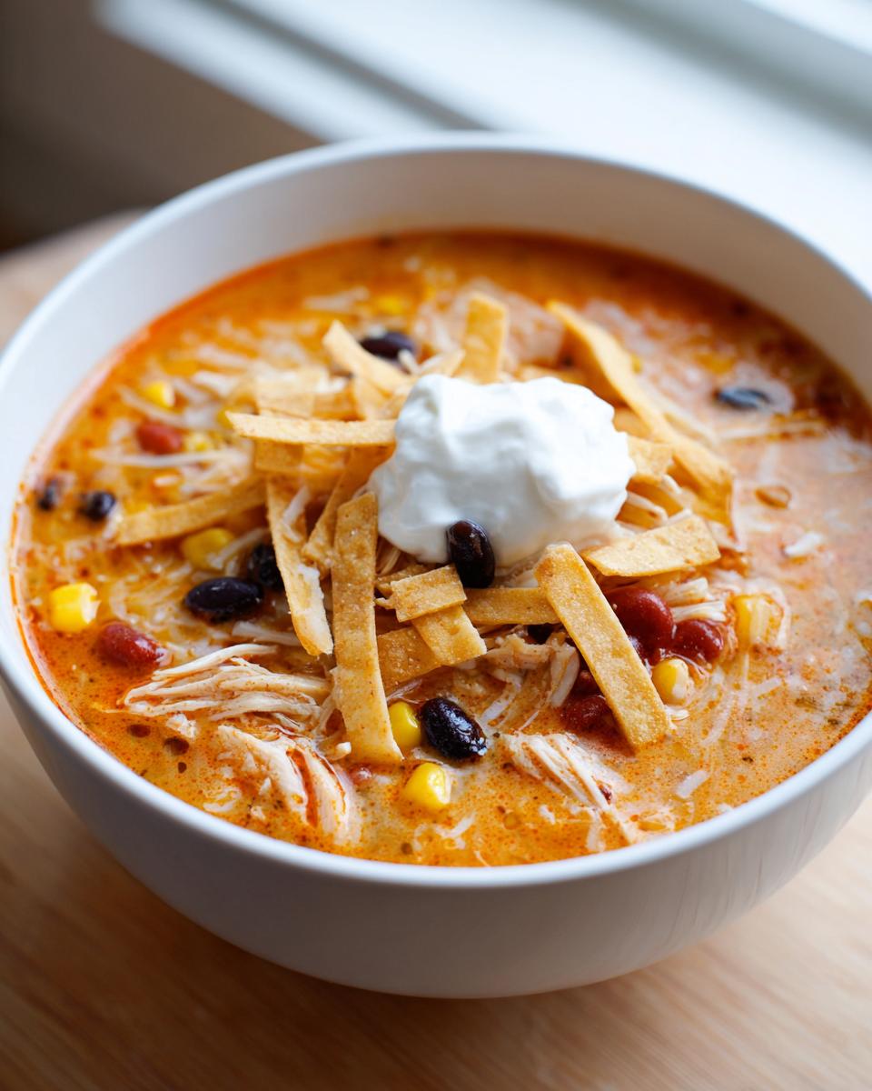 Close-up of a bowl of creamy chicken tortilla soup topped with sour cream, tortilla strips, corn, and black beans.